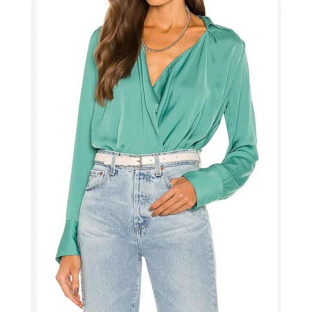 NWT Free People Shine Bright Cowl Top Collared Drape Blouse Vert de Mer Green XL